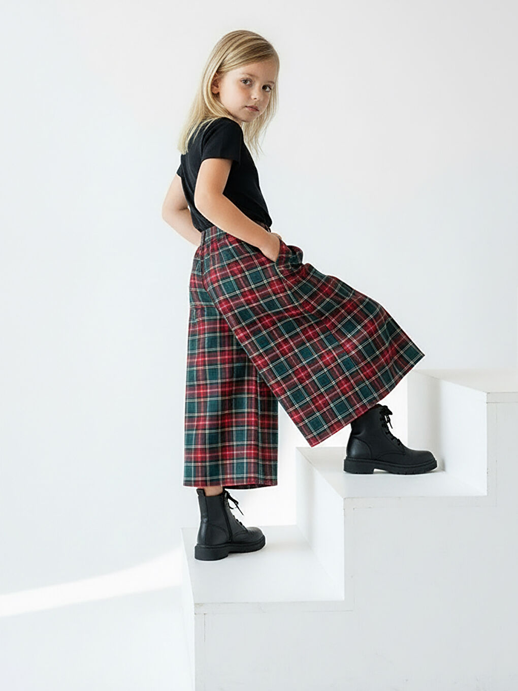 Yeşil Kız Çocuk Ekose Desen Kali Pantolon Etek-2