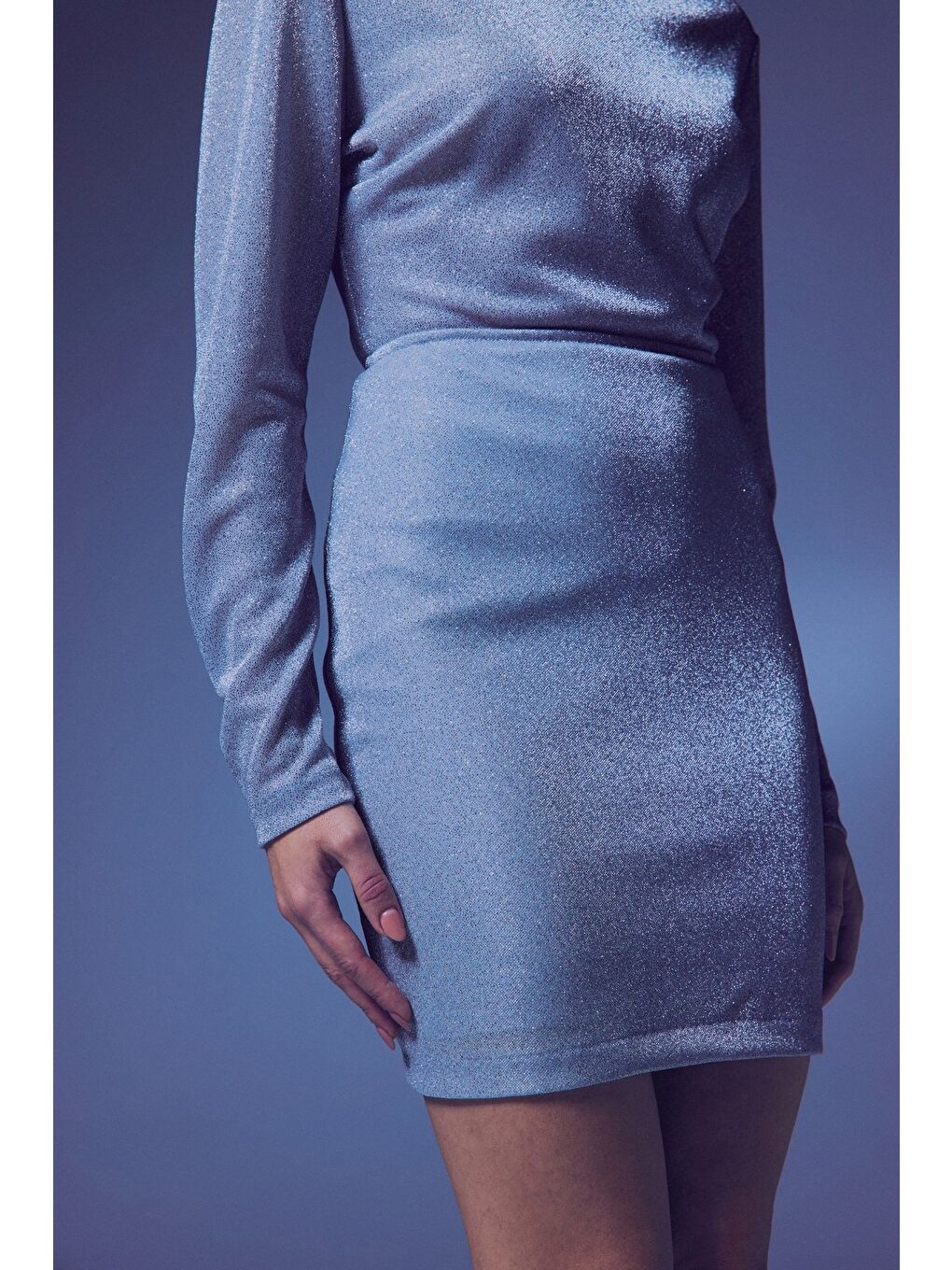 Gri Simli Mini Etek - Gümüş-4