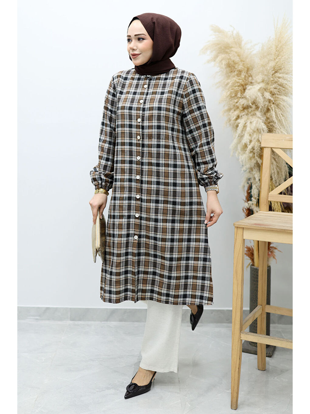 Düğmeli Ekose Takım TSD260154 Kahverengi