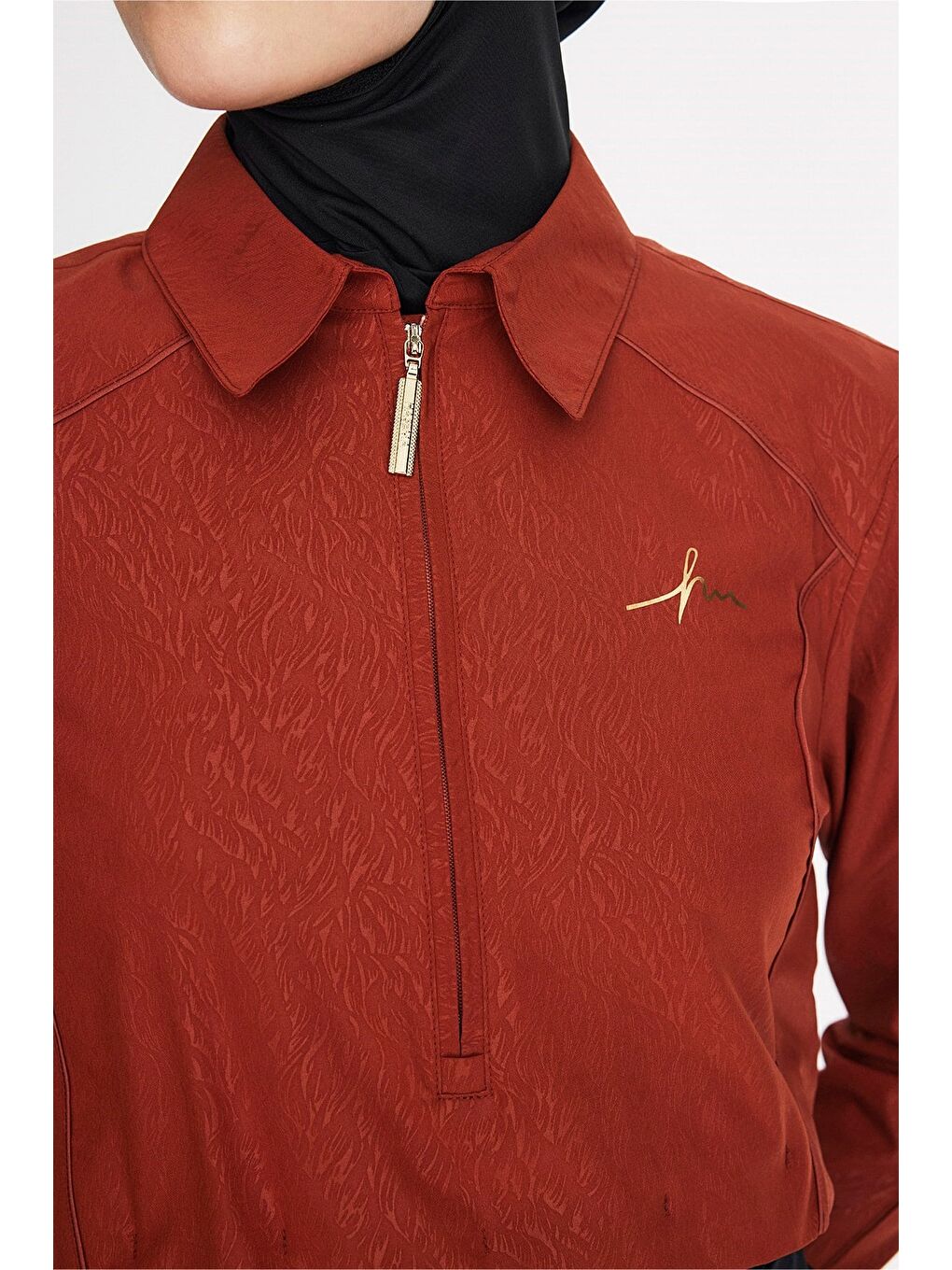 Kahverengi Vaha Koleksiyonu Dokulu Kumaş Gömlek Yaka Kiremit Renk 5 Parça Tam Tesettür Mayo Takımı 6029-5