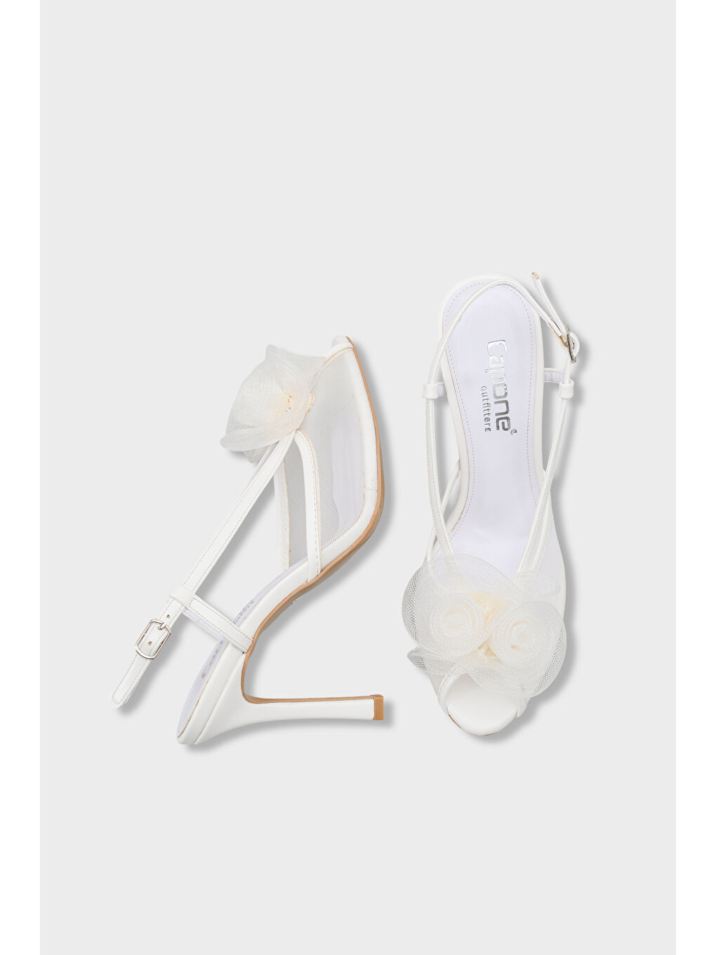 Beyaz Reina Fileli Yuvarlak Burunlu Fiyonklu Yüksek Topuklu Bantlı Kadın Ayakkabı-4