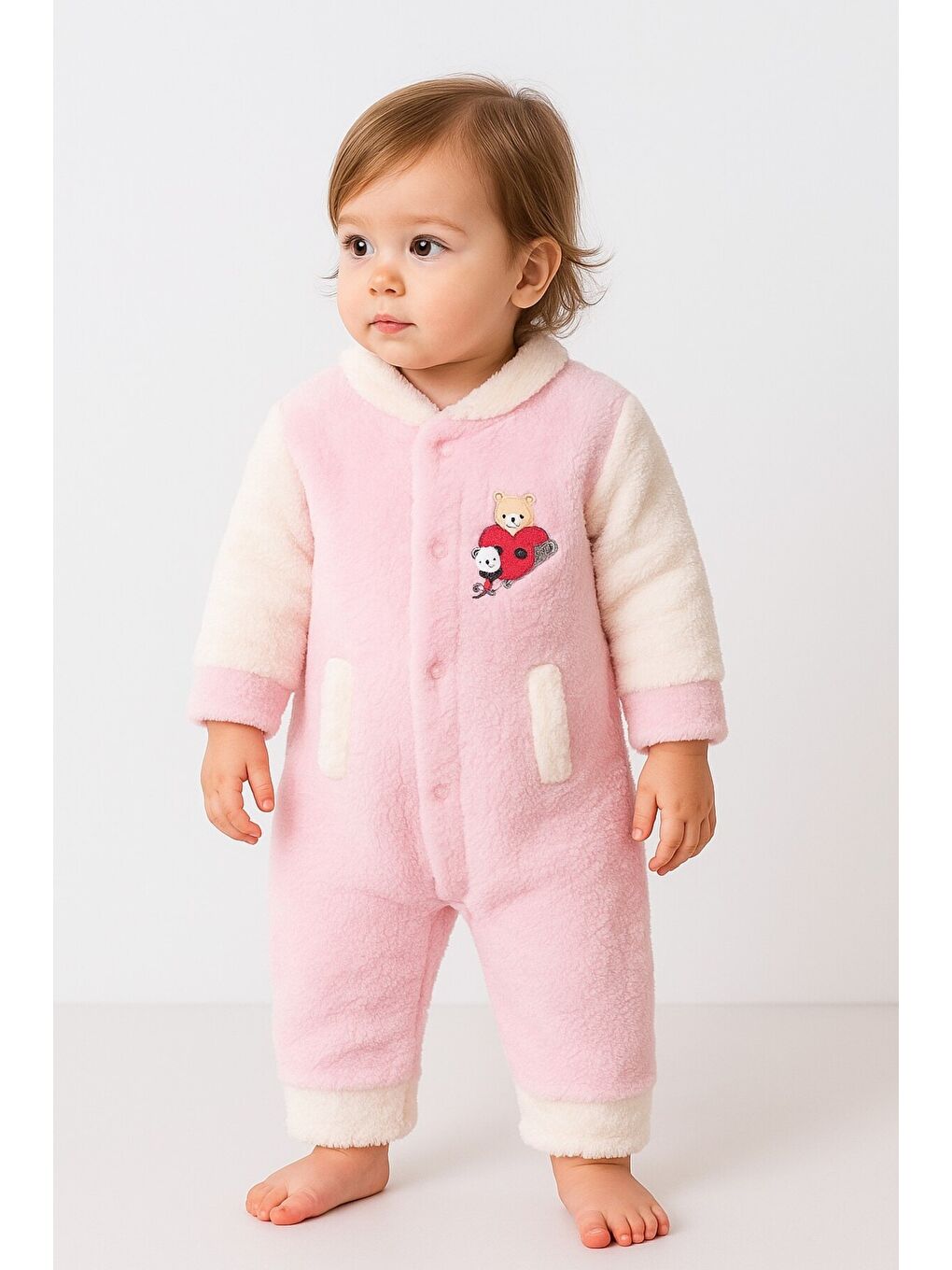 Pembe Kışlık Tatlı Welsoft Kalpli Nakışlı Kolay Giyimli Kapüşonsuz Bebek Tulum-1