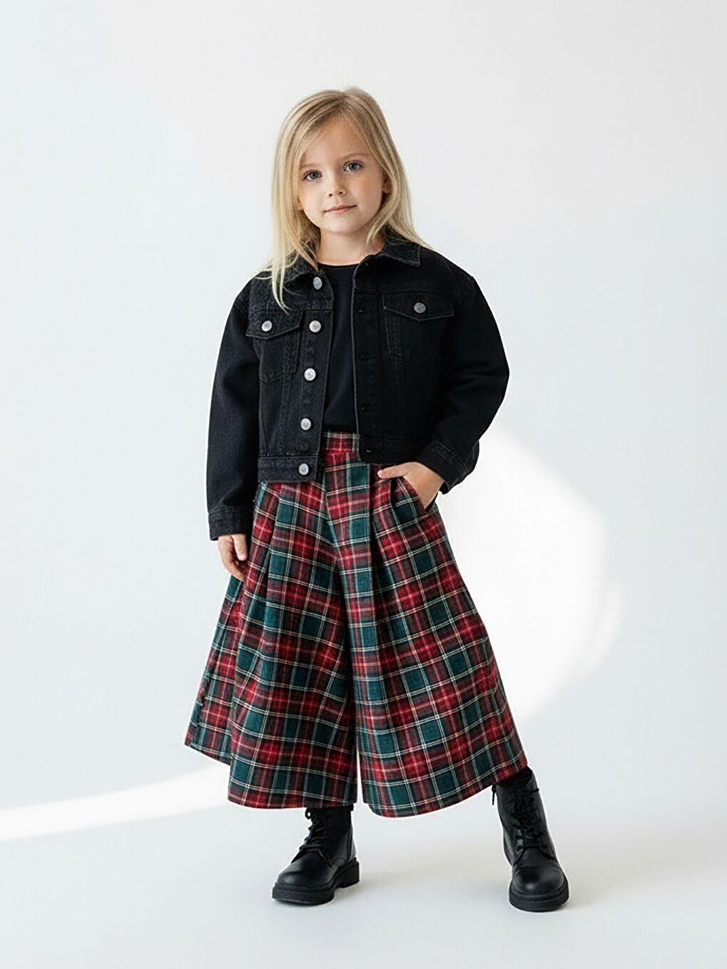 Yeşil Kız Çocuk Ekose Desen Kali Pantolon Etek-3