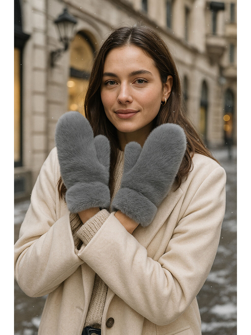 Kadın Gri Pelüş Eldiven ELD32-1