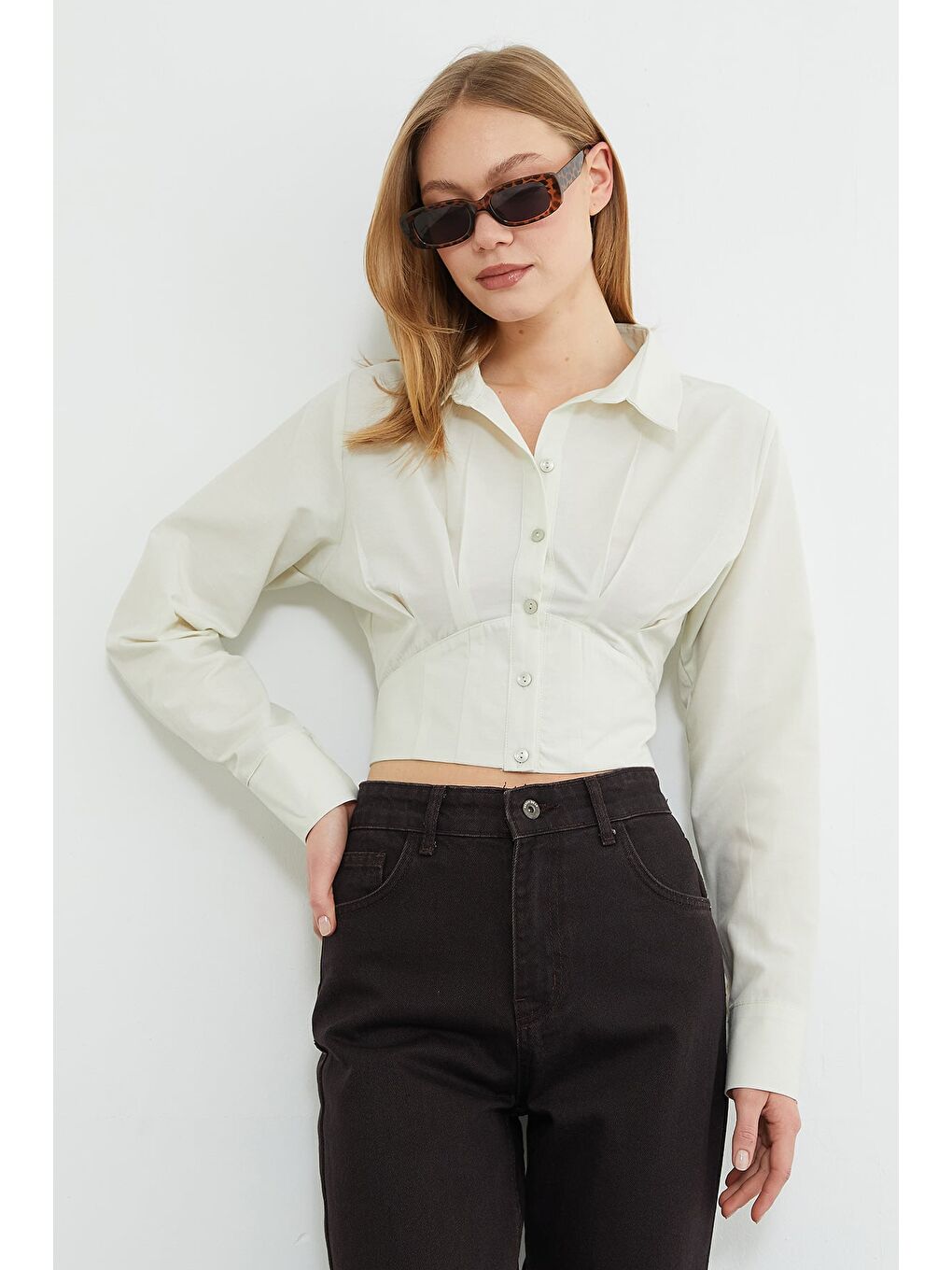 Yeşil Basic Korse Detaylı Crop Gömlek-1