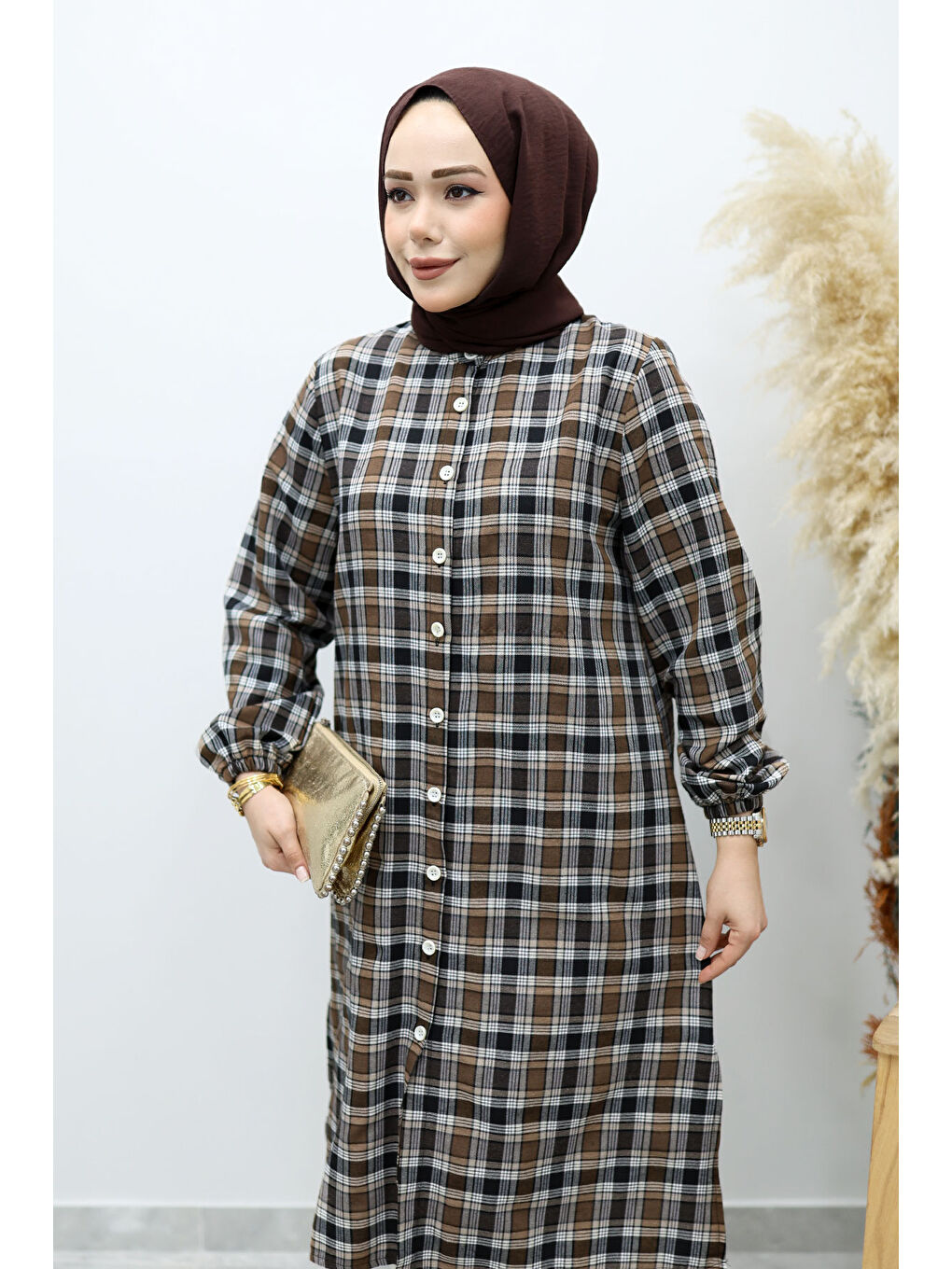 Düğmeli Ekose Takım TSD260154 Kahverengi-1