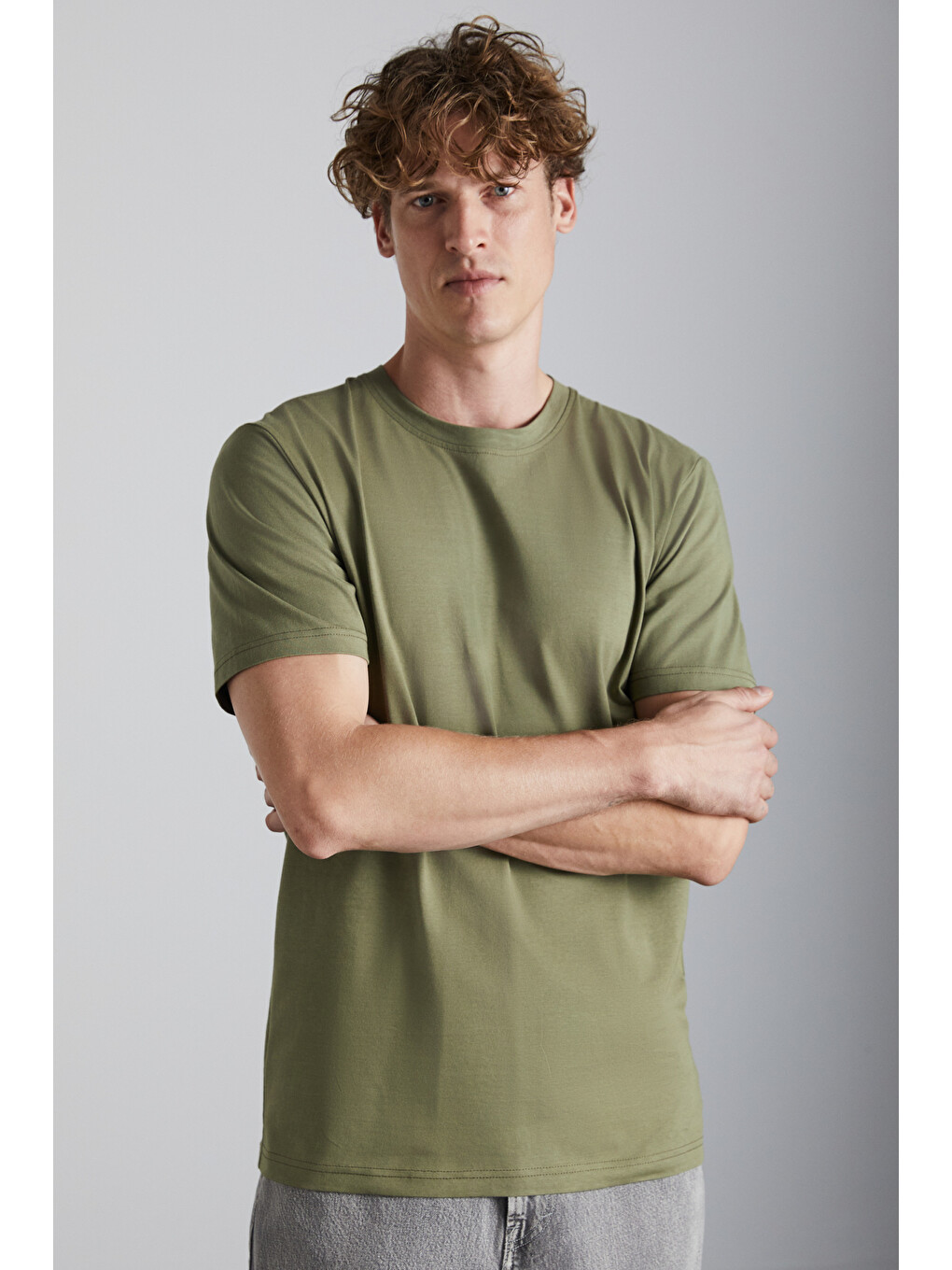 Haki Solo Erkek %100 Organik Pamuklu Kalın Dokulu Comfort Fit Bisiklet Yakalı HAKİ T-Shirt-3