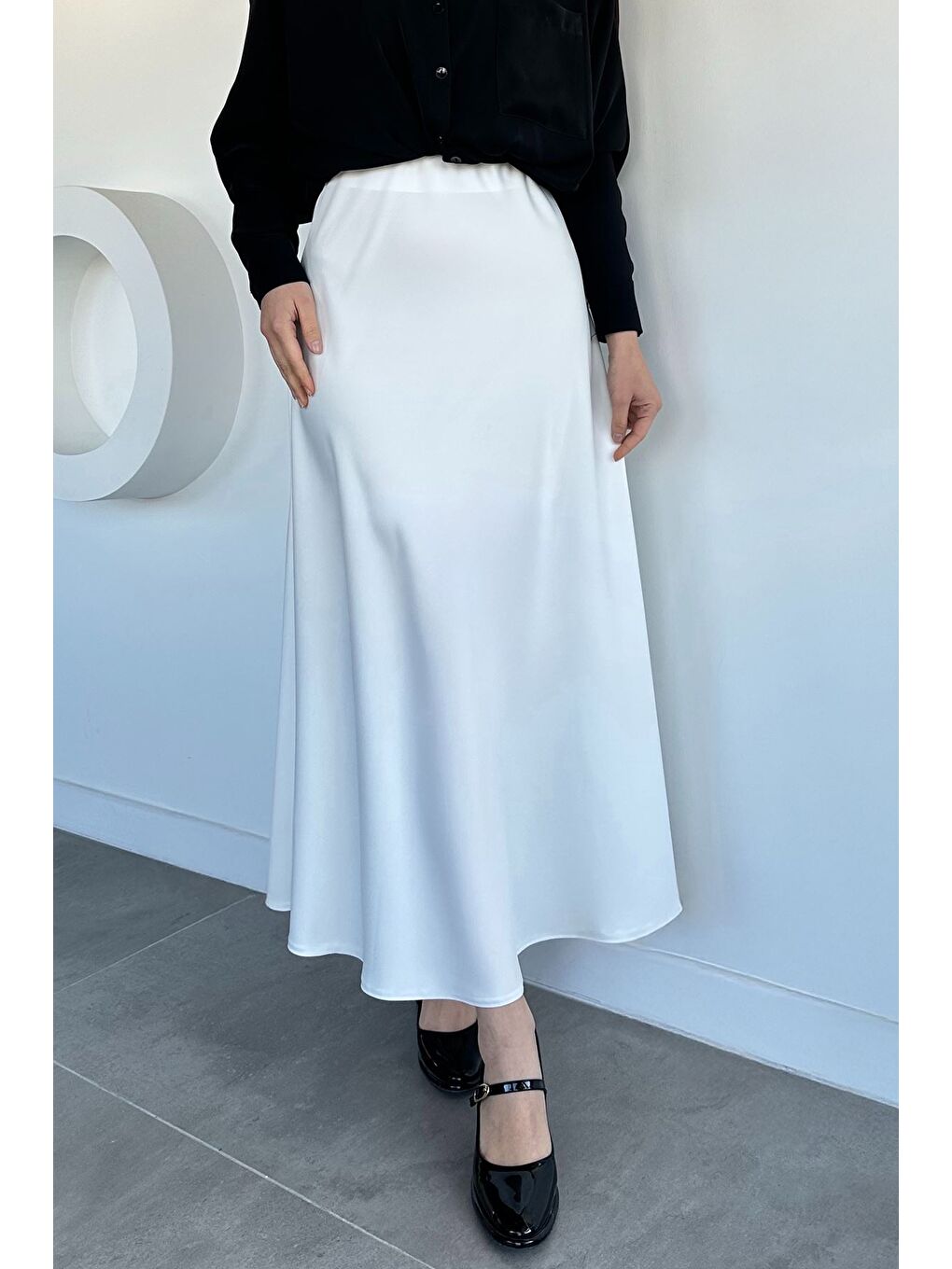 Ekru Bel Lastikli Saten Tesettür Etek-1