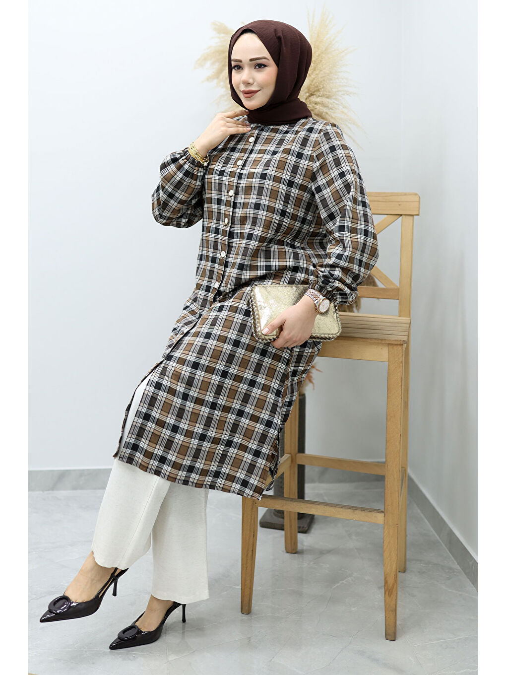 Düğmeli Ekose Takım TSD260154 Kahverengi-2