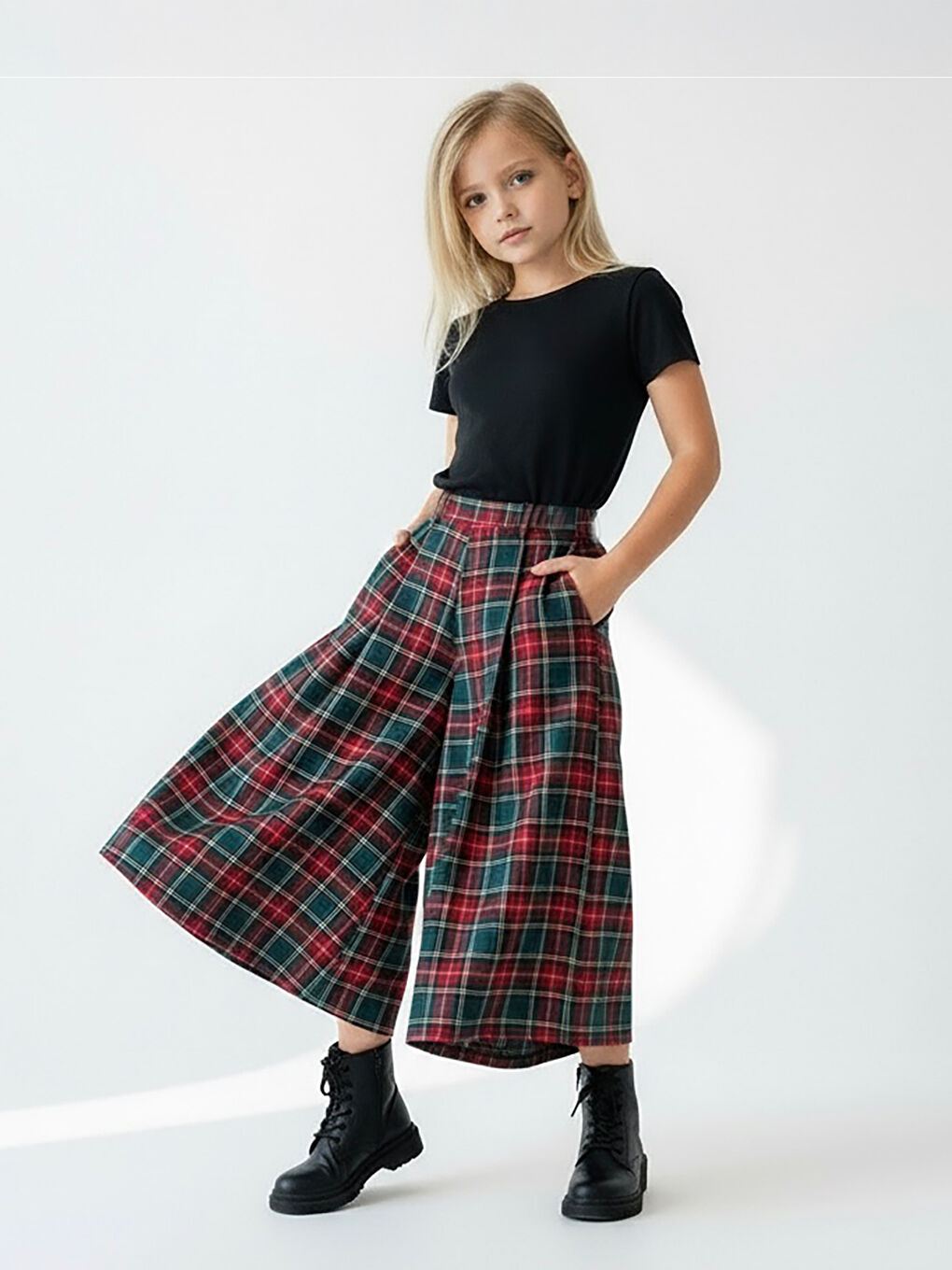 Yeşil Kız Çocuk Ekose Desen Kali Pantolon Etek-4
