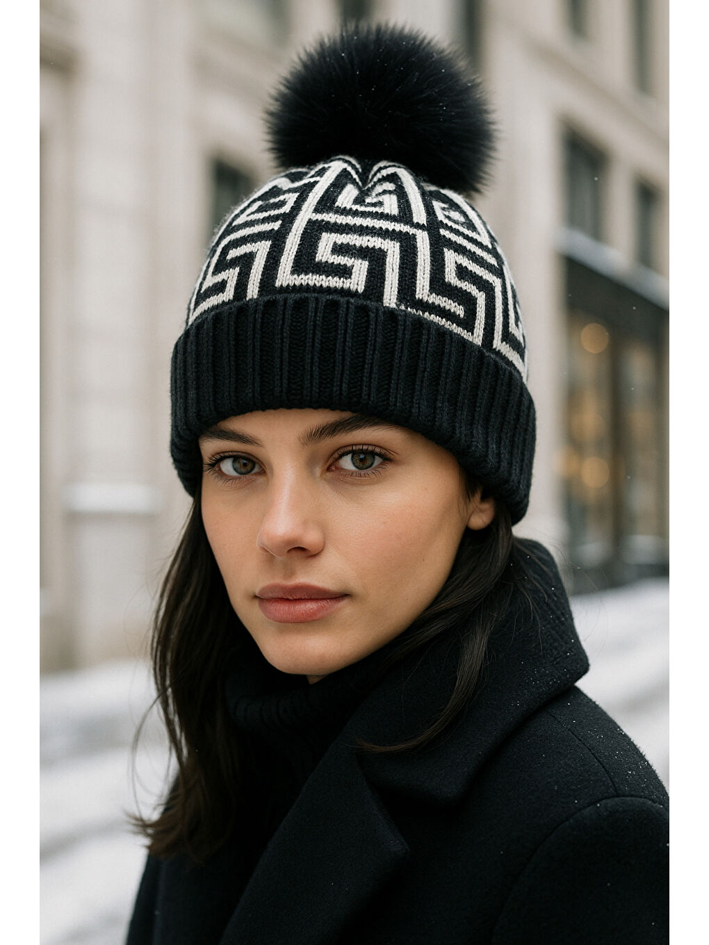 Kadın Siyah Deseneli Ponponlu Yünlü Bere BERE1144