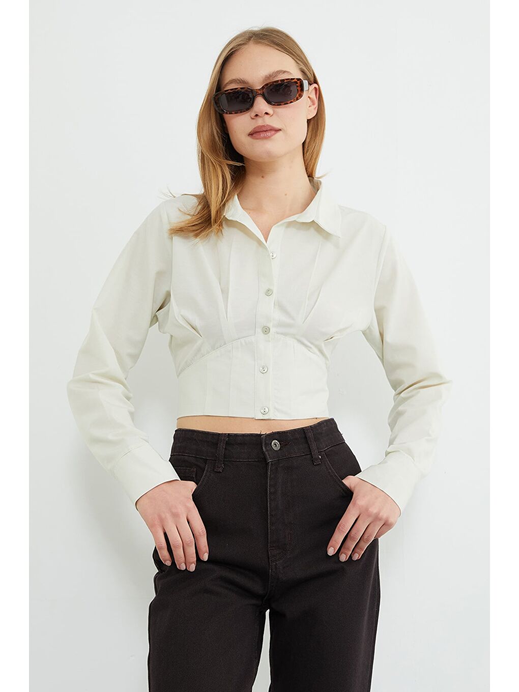 Yeşil Basic Korse Detaylı Crop Gömlek-2