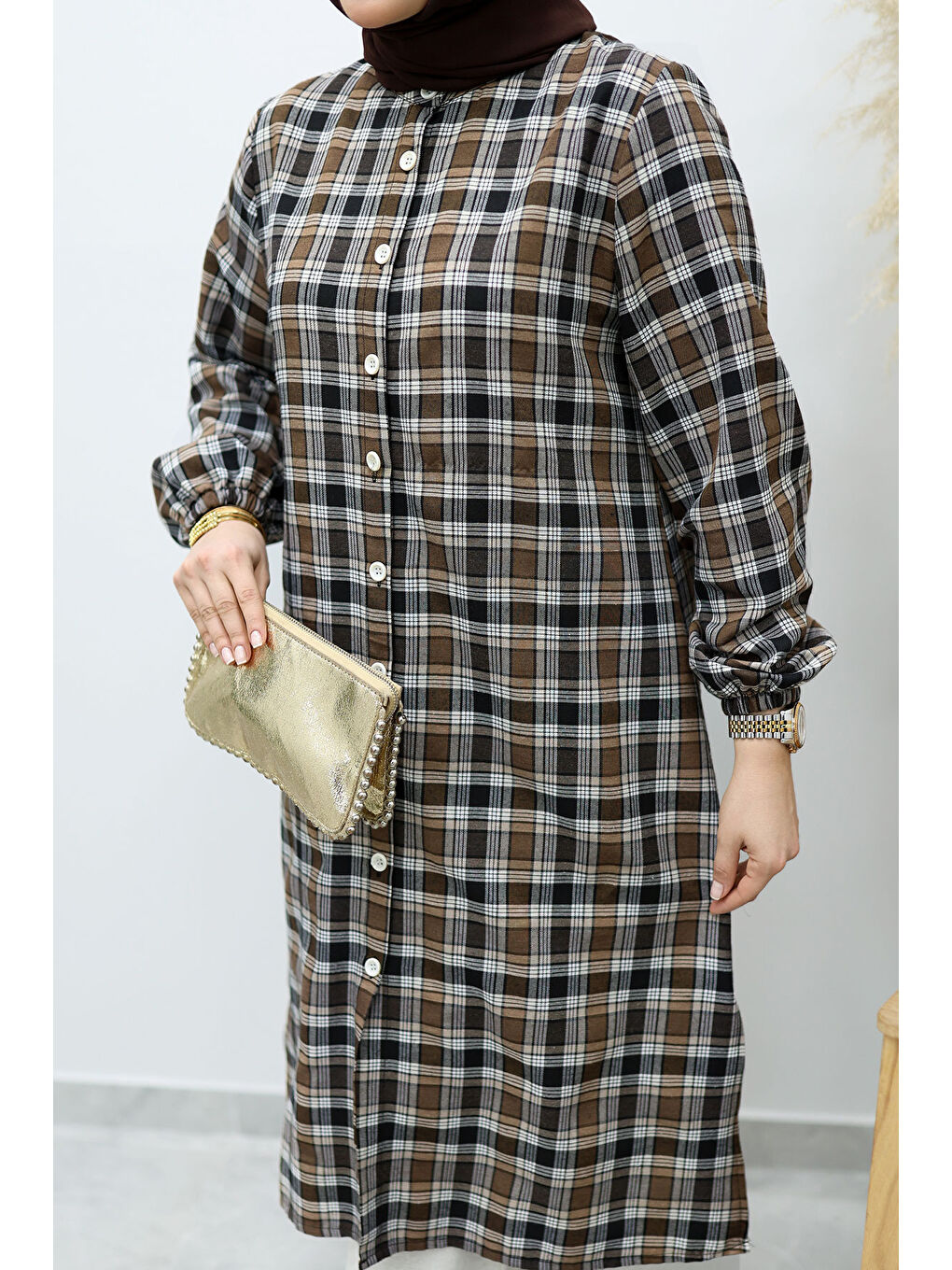 Düğmeli Ekose Takım TSD260154 Kahverengi-3