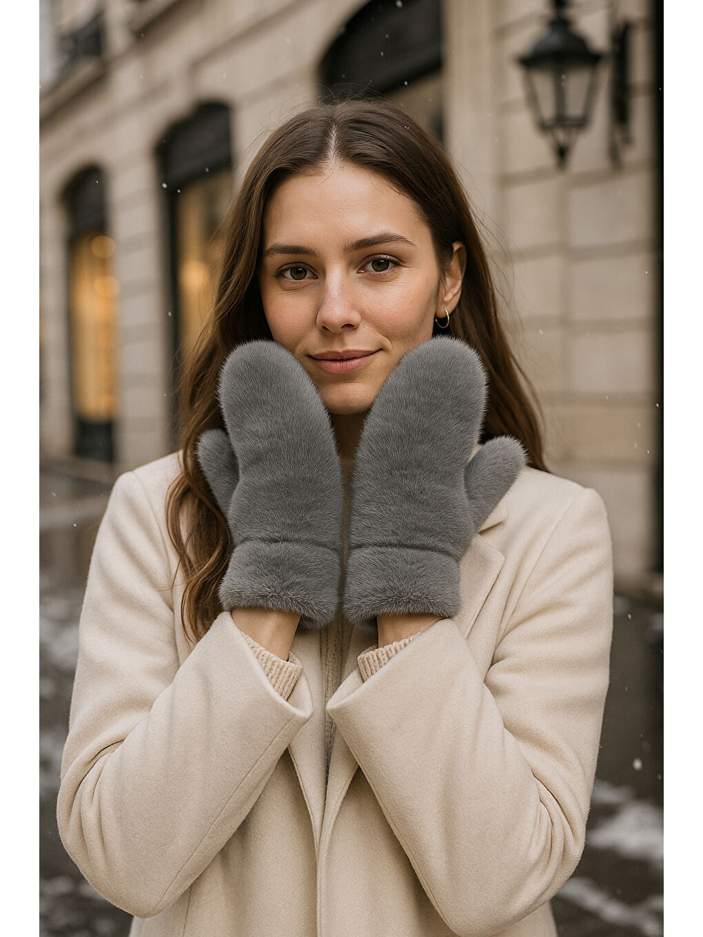 Kadın Gri Pelüş Eldiven ELD32-2