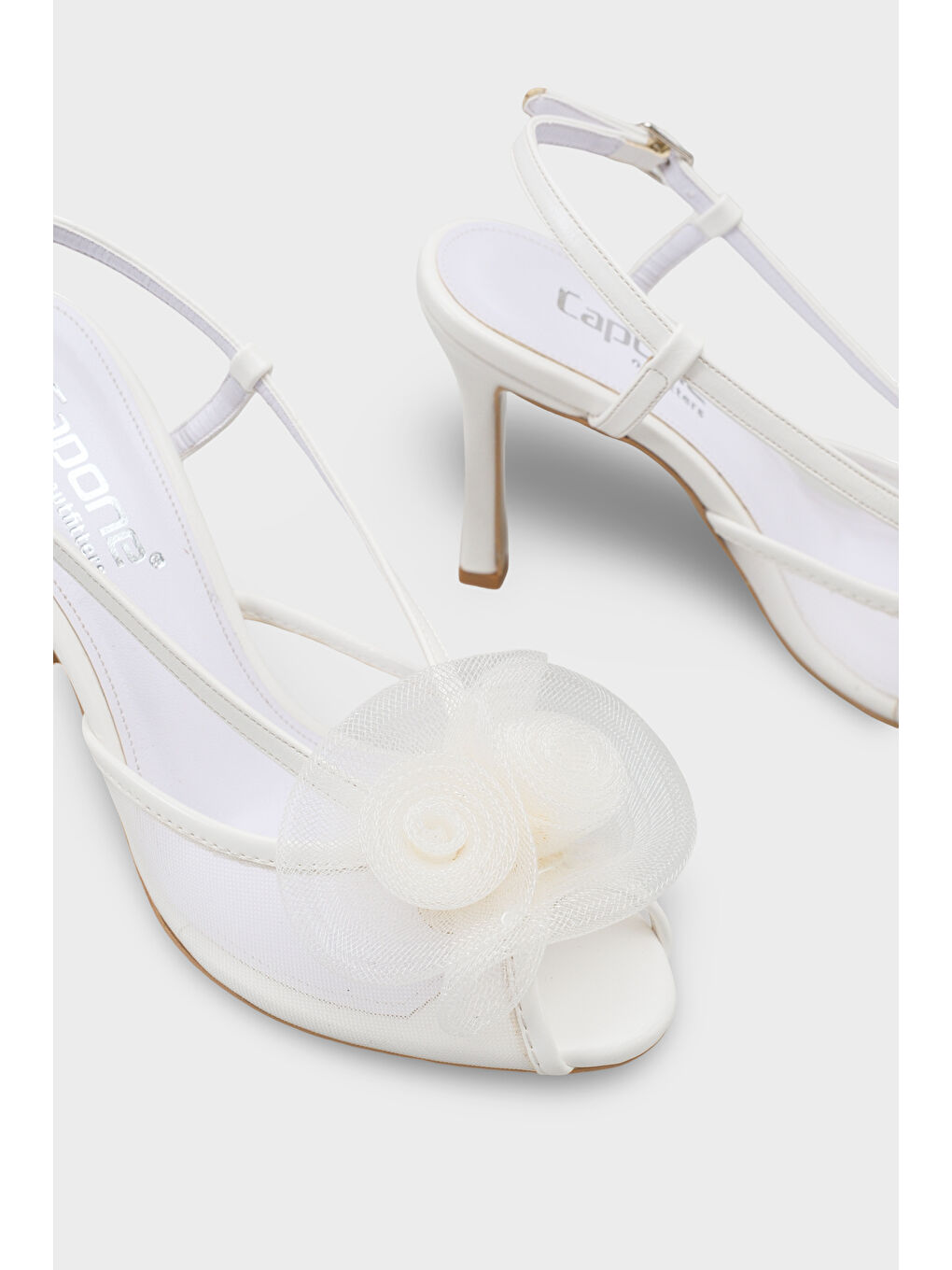Beyaz Reina Fileli Yuvarlak Burunlu Fiyonklu Yüksek Topuklu Bantlı Kadın Ayakkabı-5