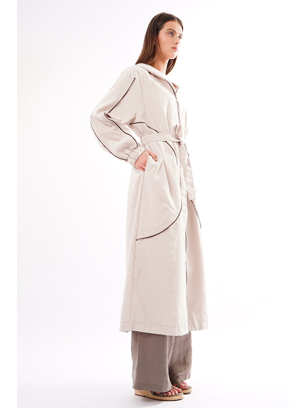 Bej Kolu ve Önü Fermuar Detaylı Kapüşonlu Safari Kap Ceket 816 Taş-3