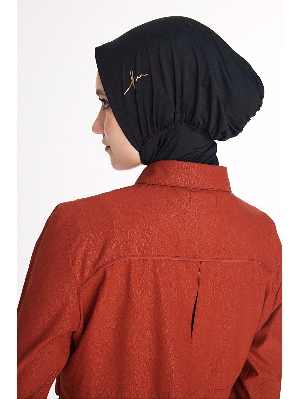 Kahverengi Vaha Koleksiyonu Dokulu Kumaş Gömlek Yaka Kiremit Renk 5 Parça Tam Tesettür Mayo Takımı 6029-7