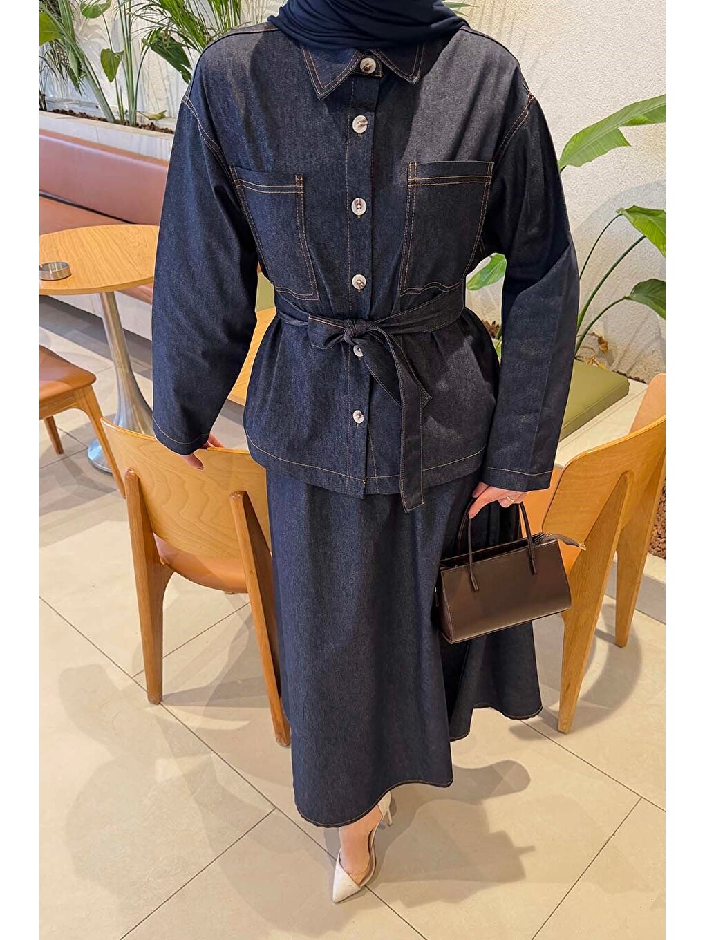 Bağlamalı Denim Takım Koyu Mavi-2