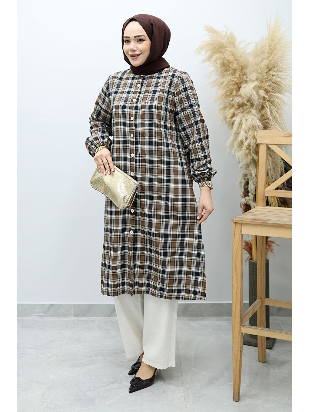 Düğmeli Ekose Takım TSD260154 Kahverengi-4