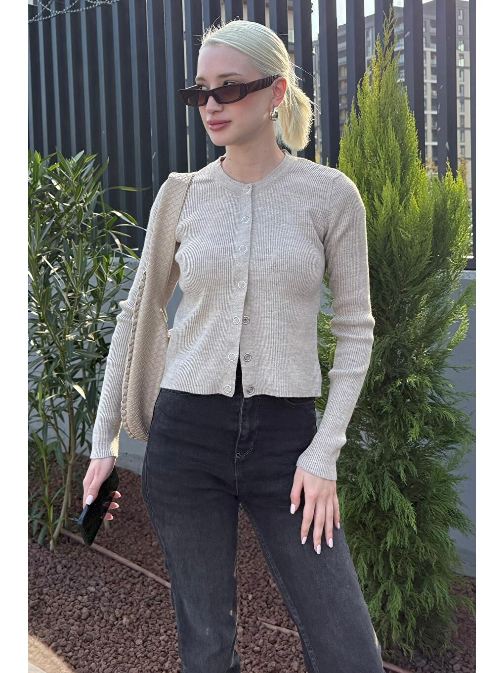 Bej Çıt Kapamalı Triko Kadın Hırka Mg2579-2