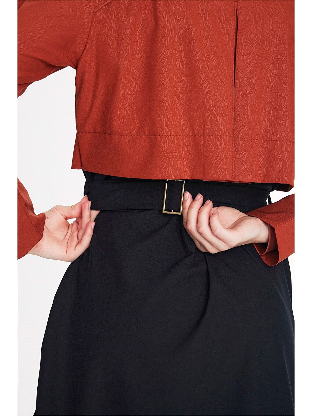 Kahverengi Vaha Koleksiyonu Dokulu Kumaş Gömlek Yaka Kiremit Renk 5 Parça Tam Tesettür Mayo Takımı 6029-8