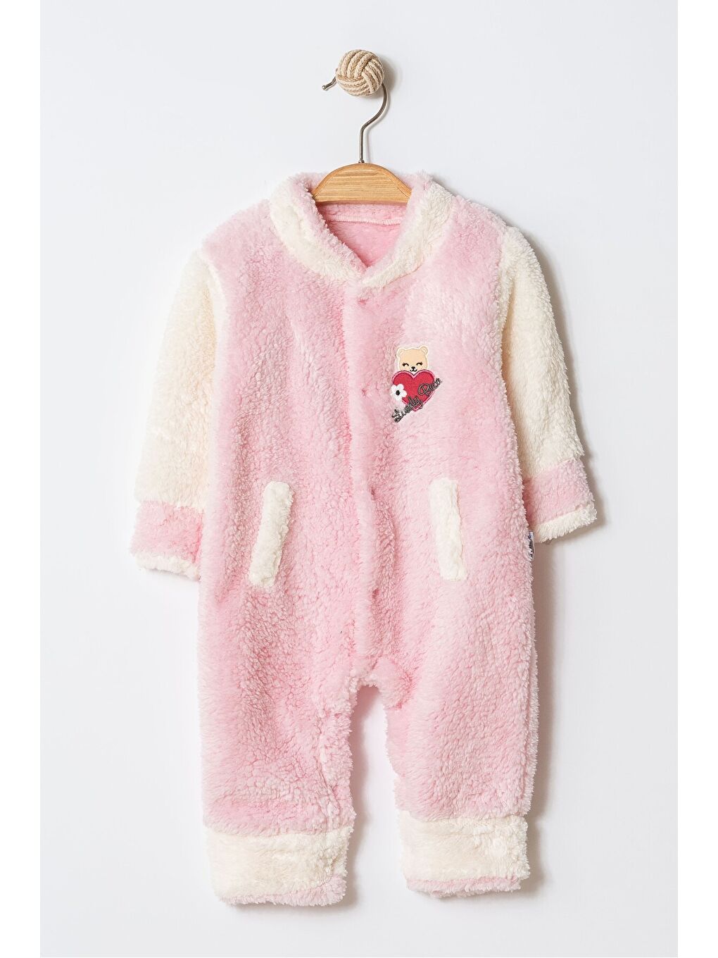 Pembe Kışlık Tatlı Welsoft Kalpli Nakışlı Kolay Giyimli Kapüşonsuz Bebek Tulum-2