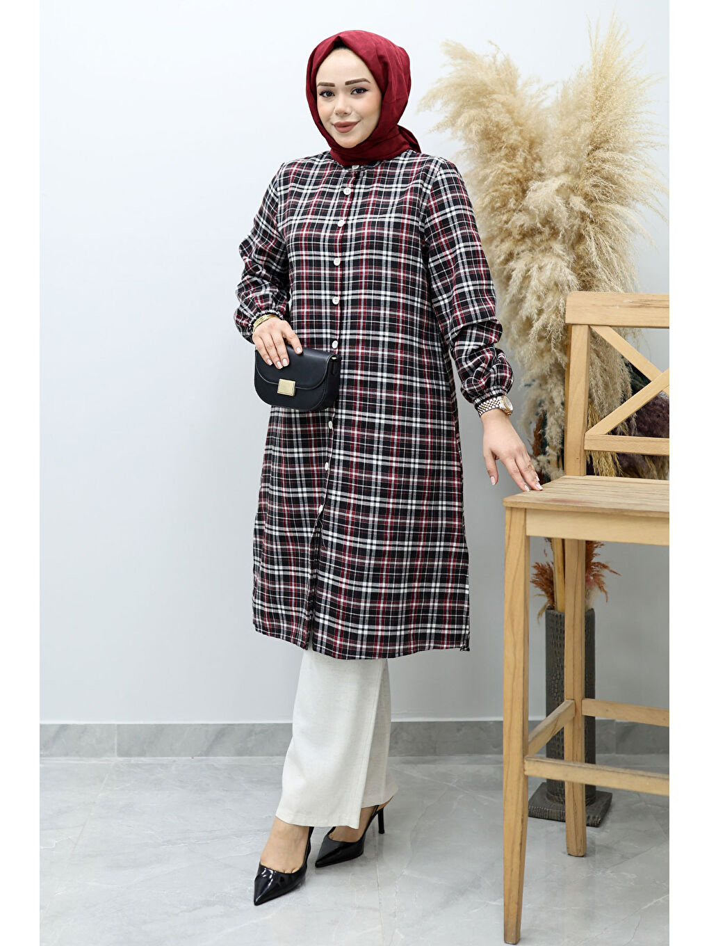 Düğmeli Ekose Takım TSD260154 Kırmızı