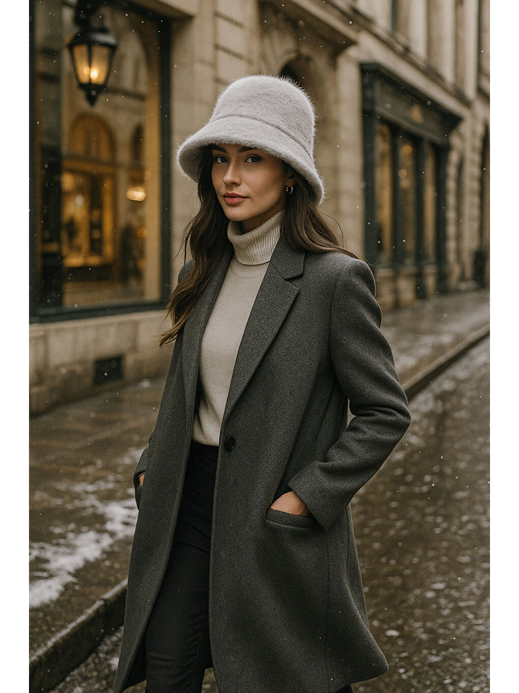 Kadın Antrasit Yünlü Keçe Bucket Şapka SPK1147-1