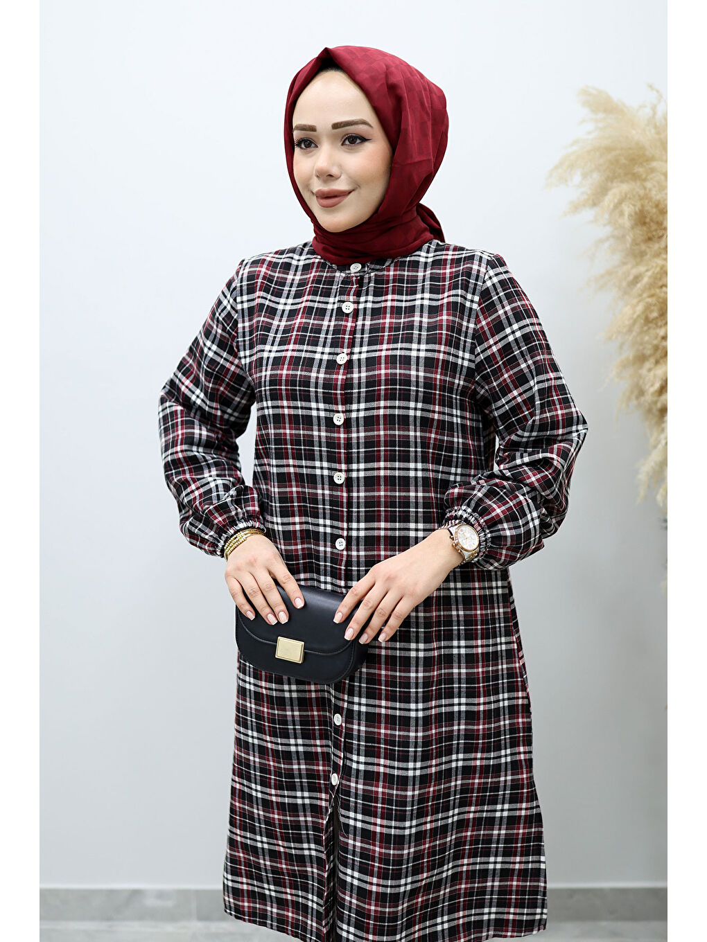 Düğmeli Ekose Takım TSD260154 Kırmızı-1