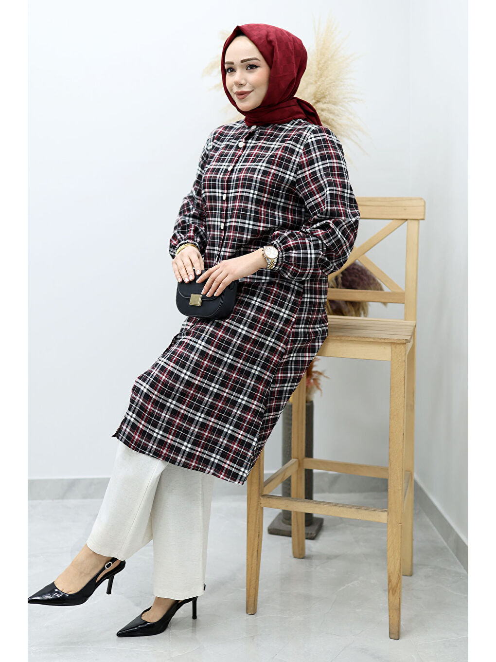 Düğmeli Ekose Takım TSD260154 Kırmızı-2