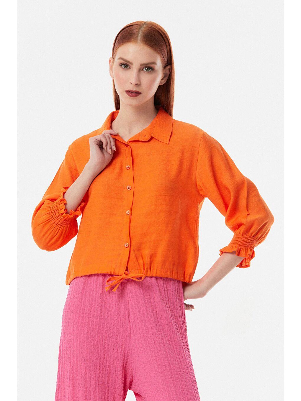 Turuncu Kolu Gipeli Beli Bağlamalı Gömlek