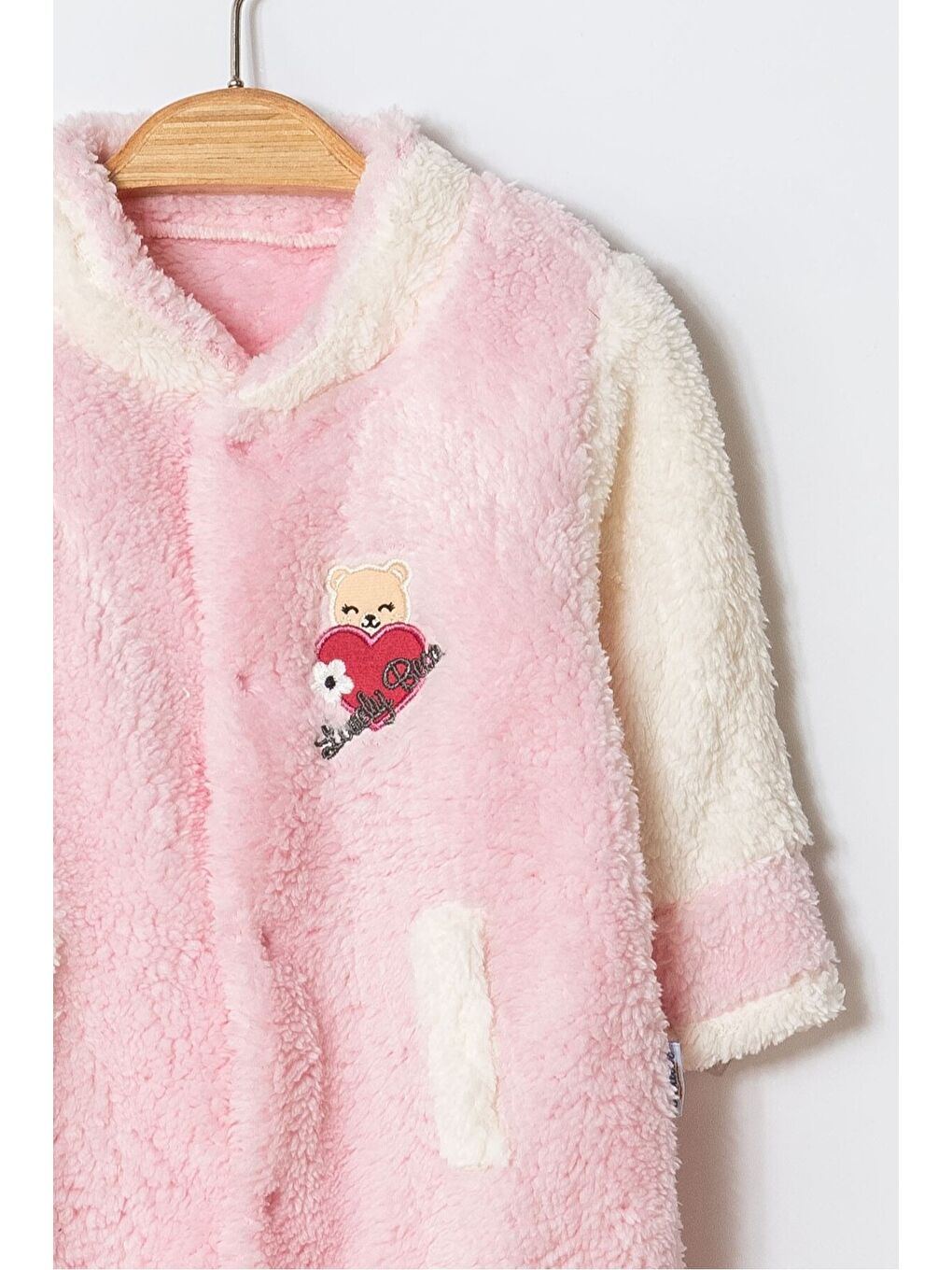 Pembe Kışlık Tatlı Welsoft Kalpli Nakışlı Kolay Giyimli Kapüşonsuz Bebek Tulum-3