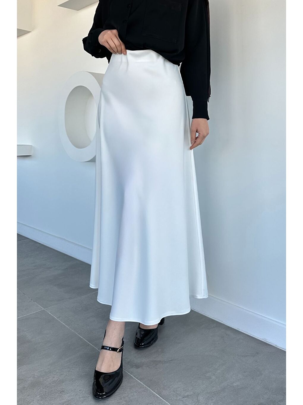 Ekru Bel Lastikli Saten Tesettür Etek-5