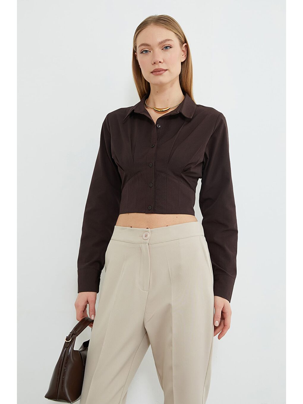 Kahverengi Basic Korse Detaylı Crop Gömlek