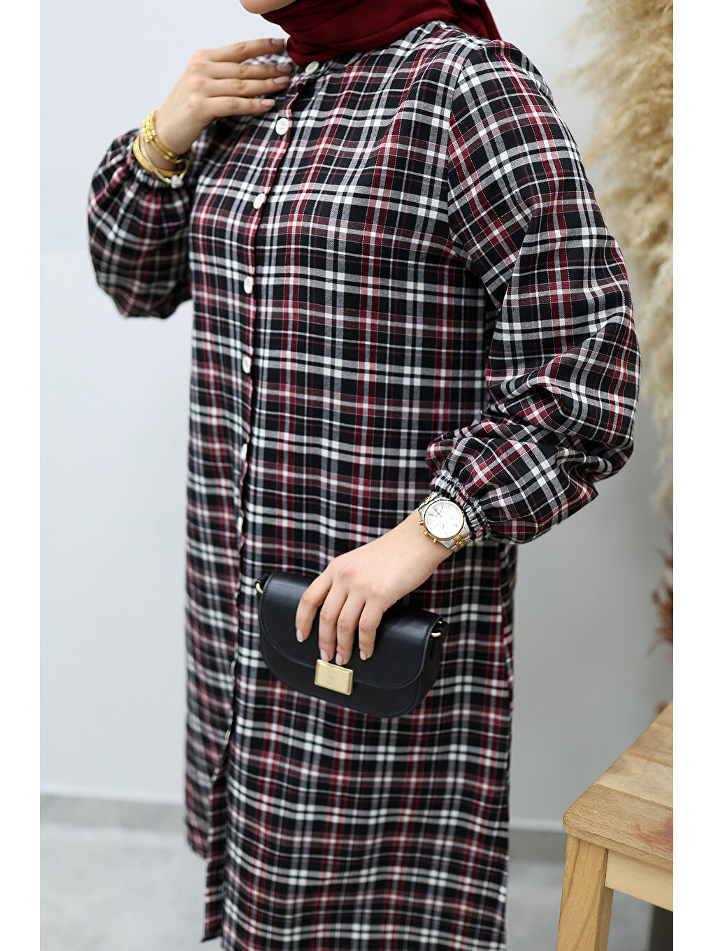 Düğmeli Ekose Takım TSD260154 Kırmızı-3