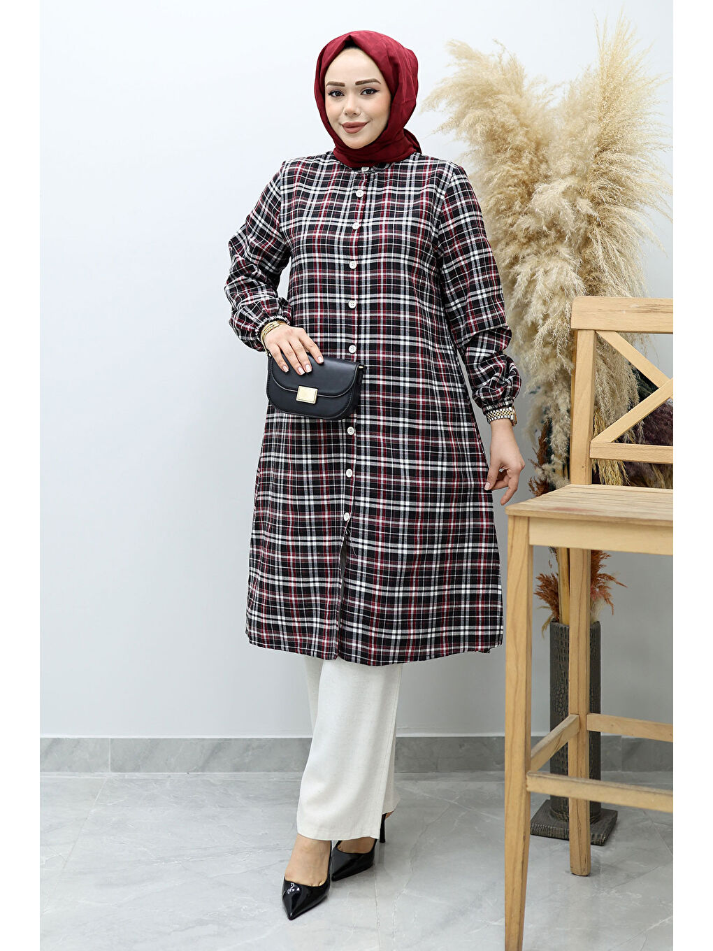 Düğmeli Ekose Takım TSD260154 Kırmızı-4