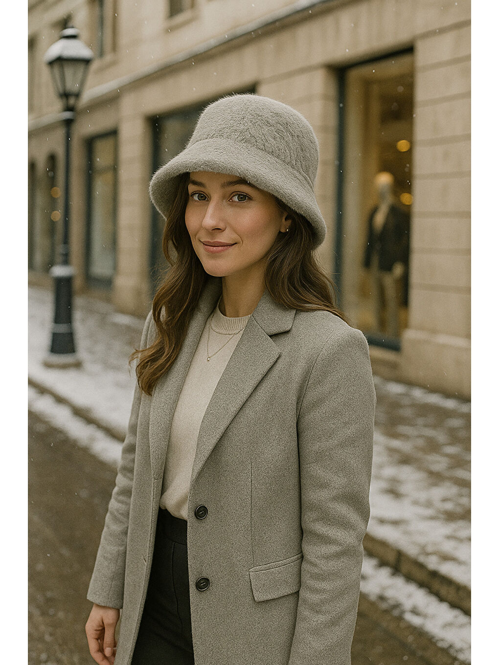 Kadın Antrasit Yünlü Keçe Bucket Şapka SPK1147-3