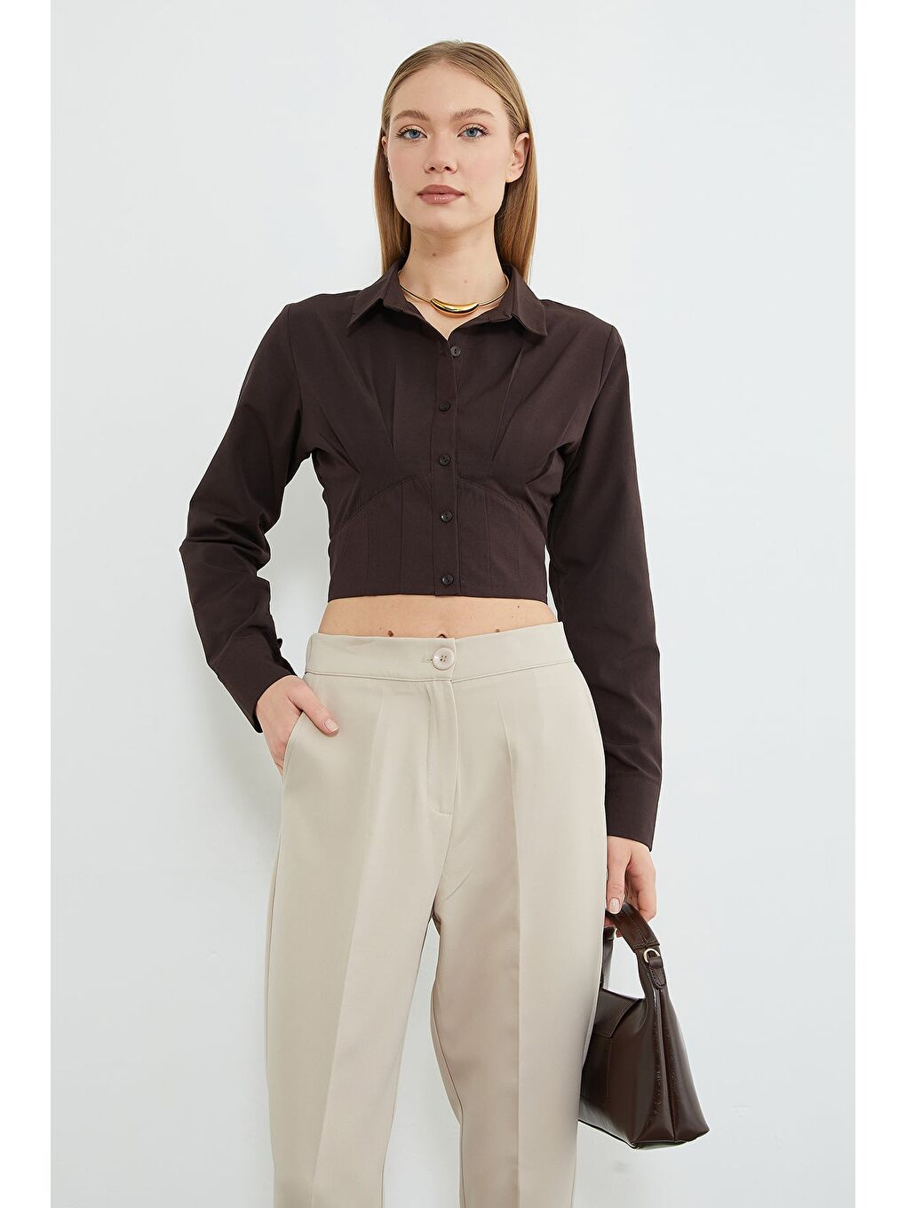 Kahverengi Basic Korse Detaylı Crop Gömlek-2