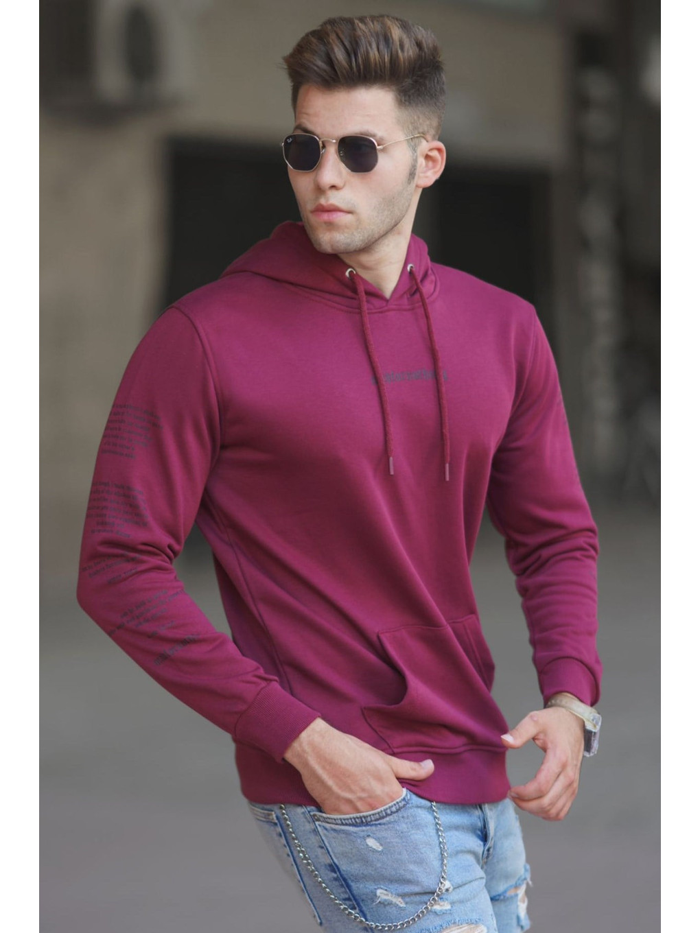 Bordo Baskılı Erkek Kapüşonlu Sweatshirt Hoodie 5304