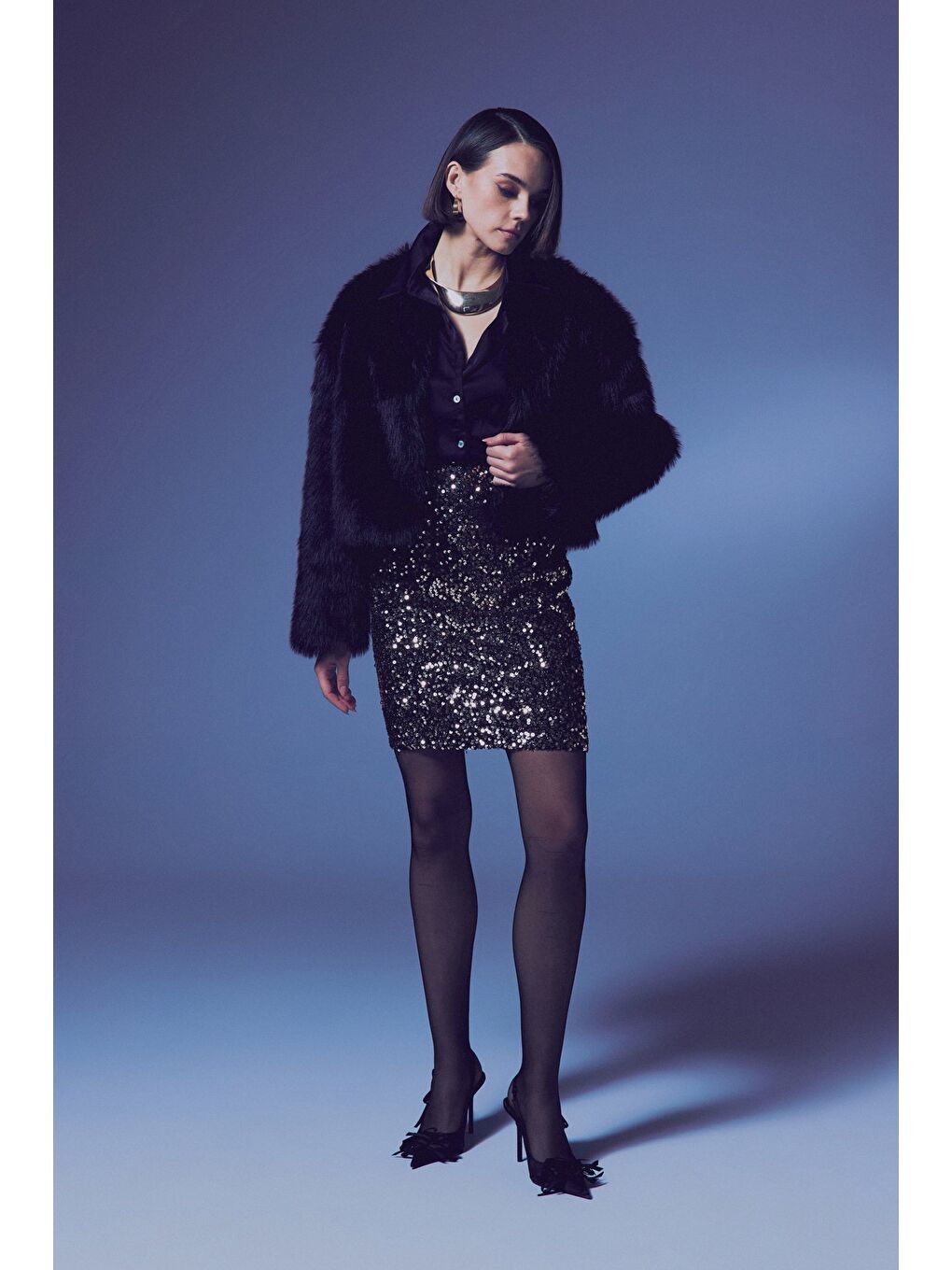 Sarı Payetli Mini Etek - Gold