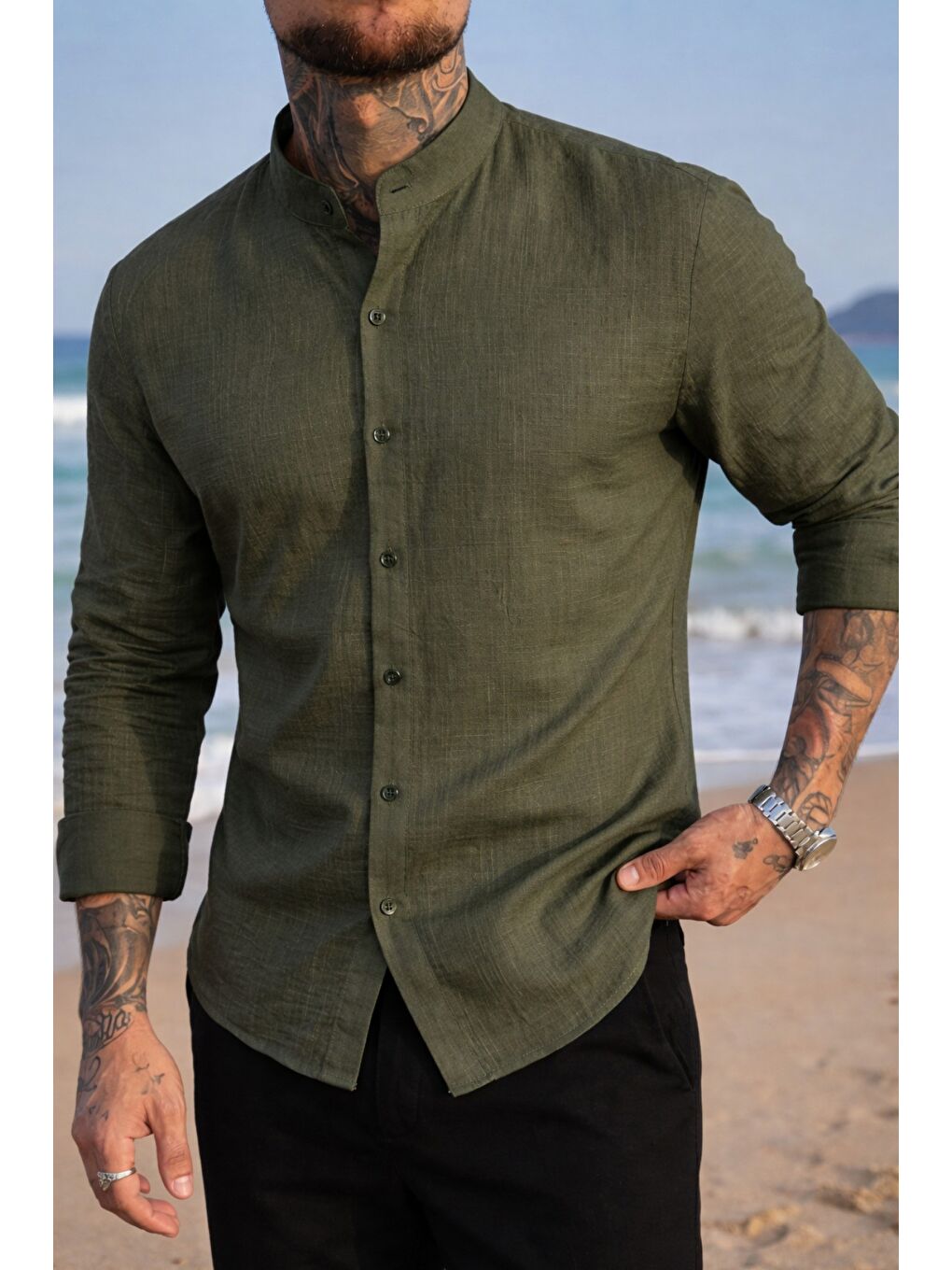 Erkek Regular Hakim Yaka Keten Görünümlü Gömlek-1