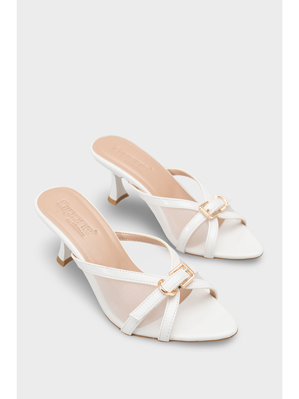 Beyaz Marnie Sivri Burunlu Fileli Metal Tokalı Orta Topuklu Kadın Terlik-1