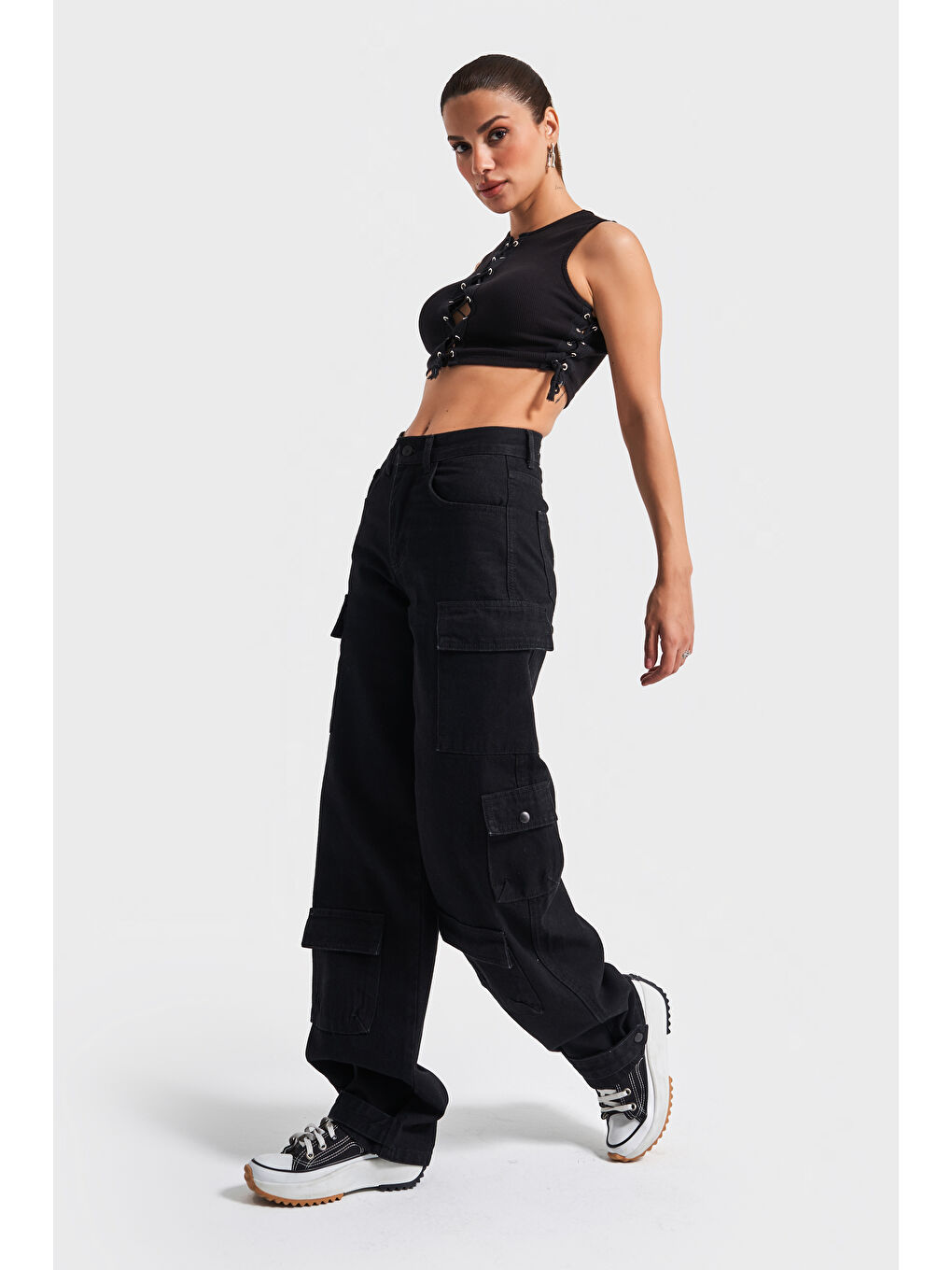 Kadın Siyah Renk 1s5-1 Jogger Fit Kargo Cep Paçası Çıtçıtlı %100 Pamuk Denim Jean-2
