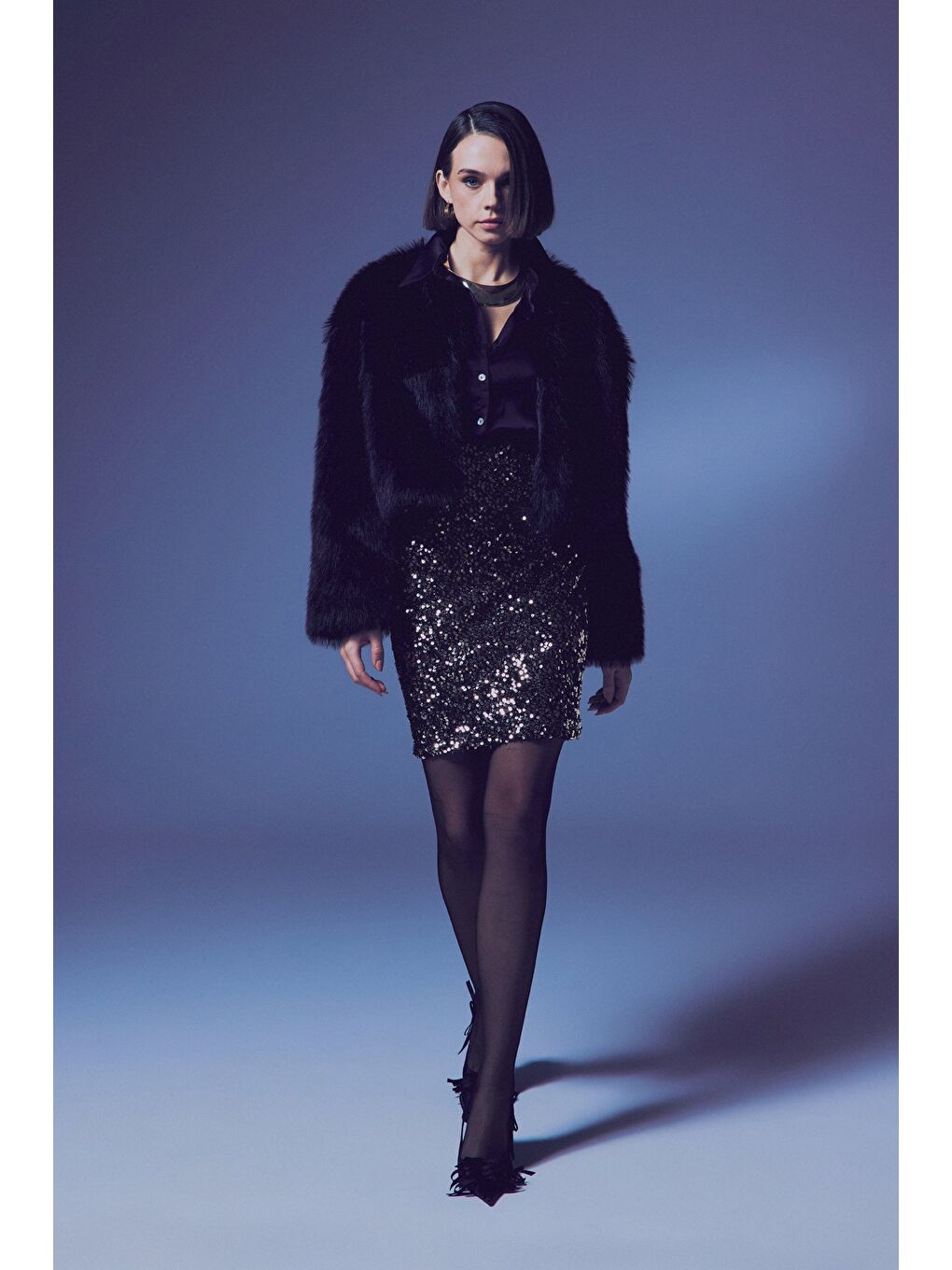 Sarı Payetli Mini Etek - Gold-1