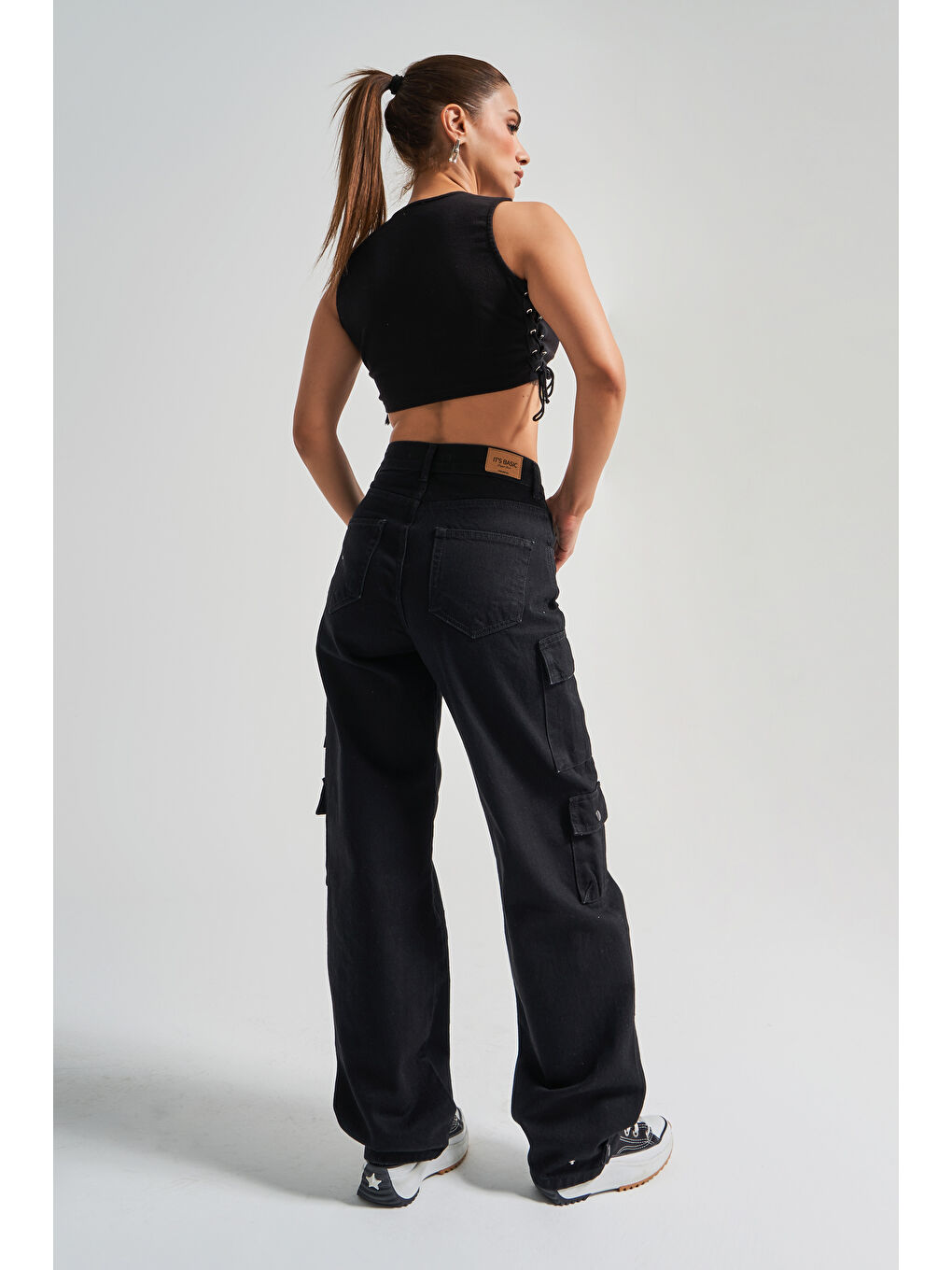 Kadın Siyah Renk 1s5-1 Jogger Fit Kargo Cep Paçası Çıtçıtlı %100 Pamuk Denim Jean-3