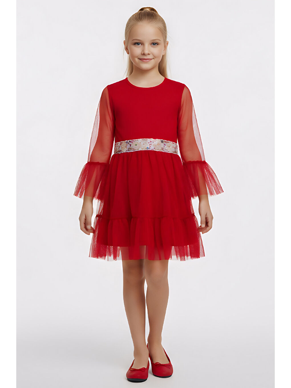 Kırmızı Kız Çocuk Elbise -Tül Kaplamalı-Beli Pul Detaylı 2-10 Yaş 12529