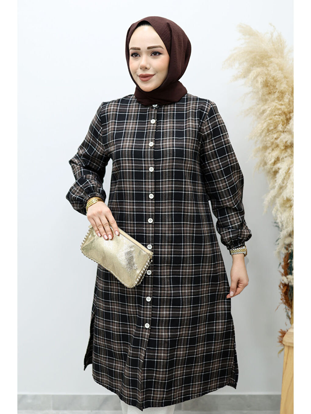 Kahverengi Düğmeli Ekose Takım TSD260154 Acı Kahve-1