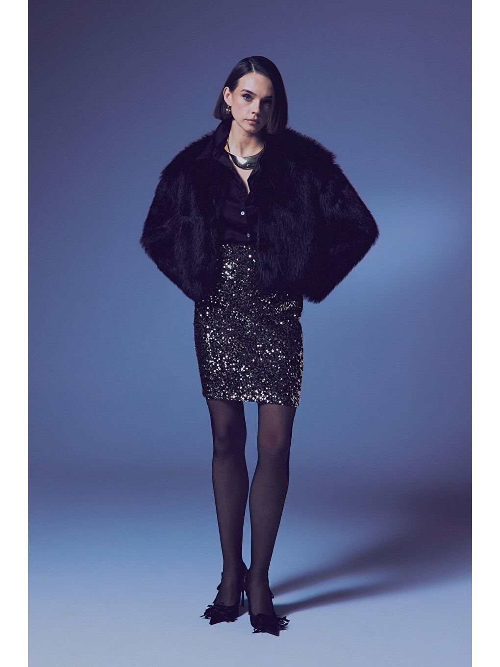 Sarı Payetli Mini Etek - Gold-3