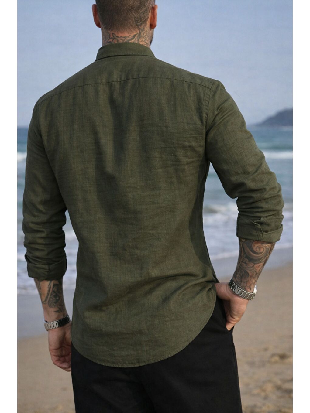 Erkek Regular Hakim Yaka Keten Görünümlü Gömlek-2