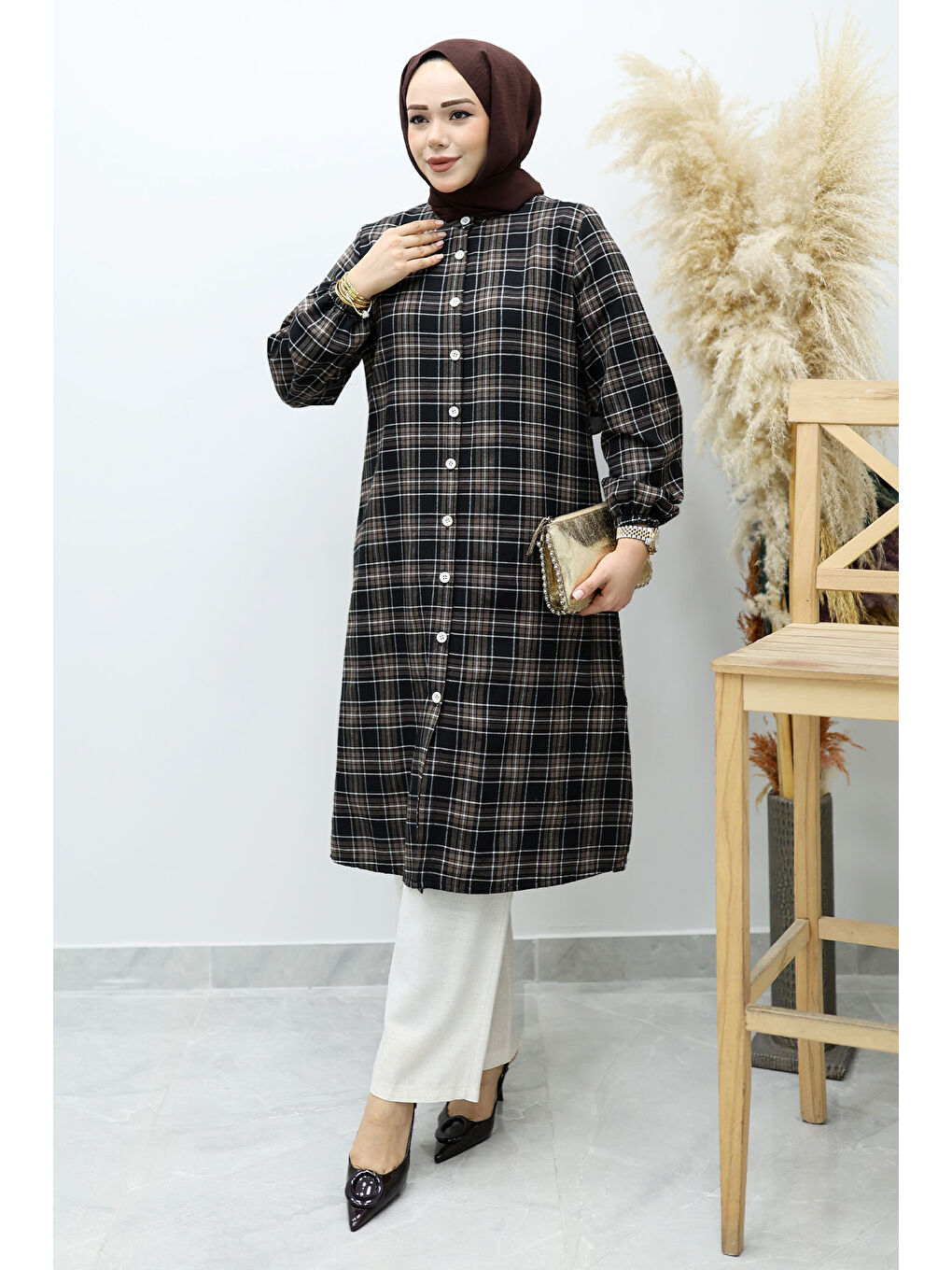 Kahverengi Düğmeli Ekose Takım TSD260154 Acı Kahve-2